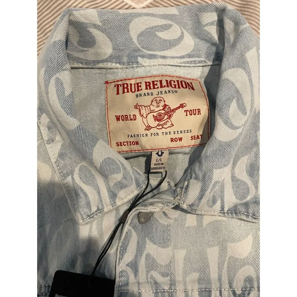 True Religion Jesse AOP Men’s L Logo Print Denim Trucker Jacket NWT msrp $184
